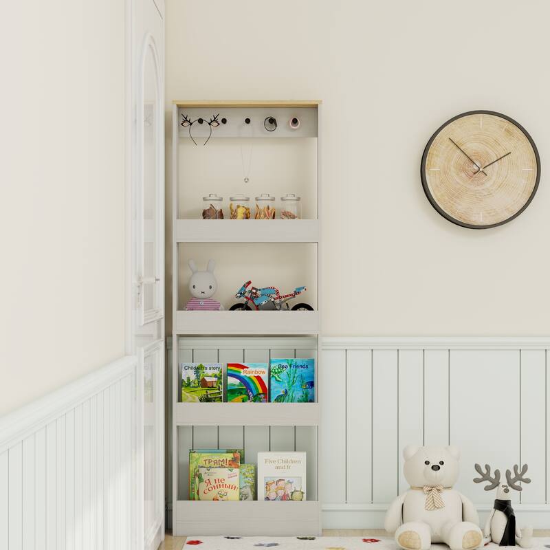 69" Tall Bookcase with 4 Shelves and 5 hooks, Wall Mounted Space-Saving Narrow storage cabinet for Living Room