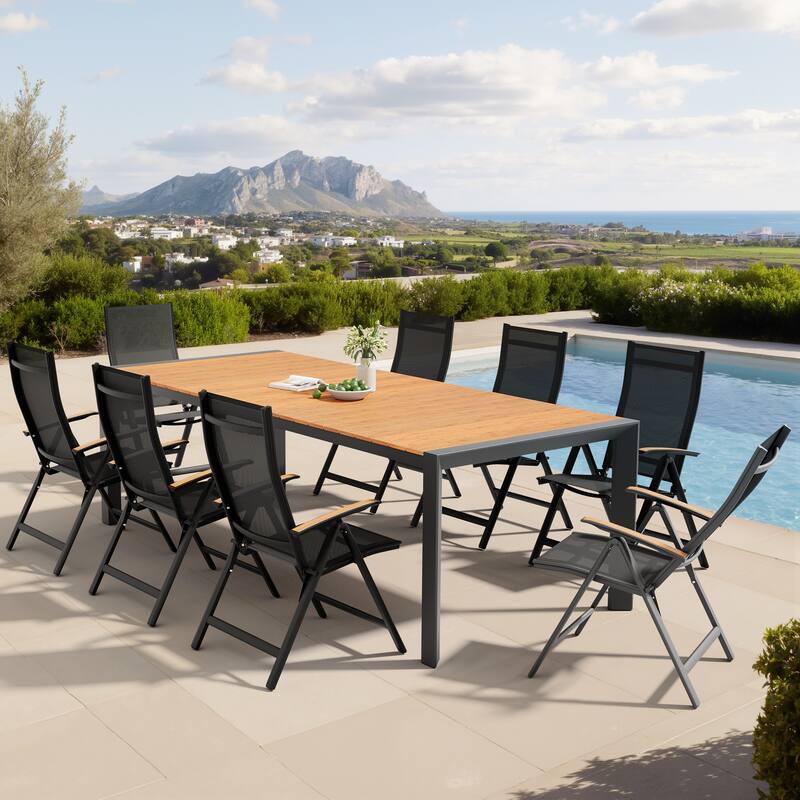 Set of 9 Outdoor Patio Dining Set WoodLike Table Top Aluminum Umbrella Hole Table with Folding Chairs - Brown