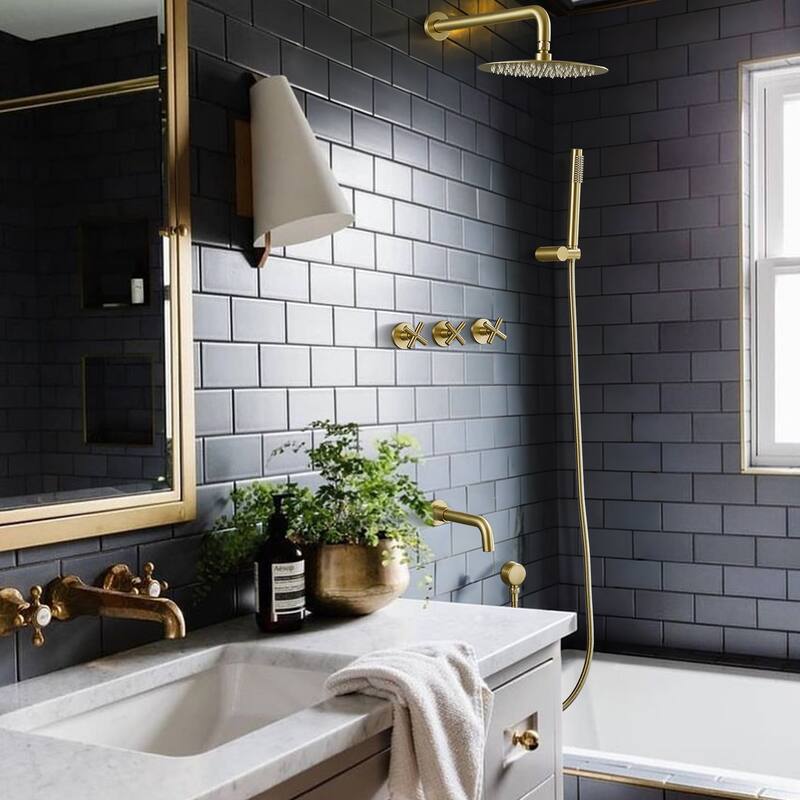 10" Solid Brass Wall Mounted Shower System with Tub Spout and 3-Cross Handles