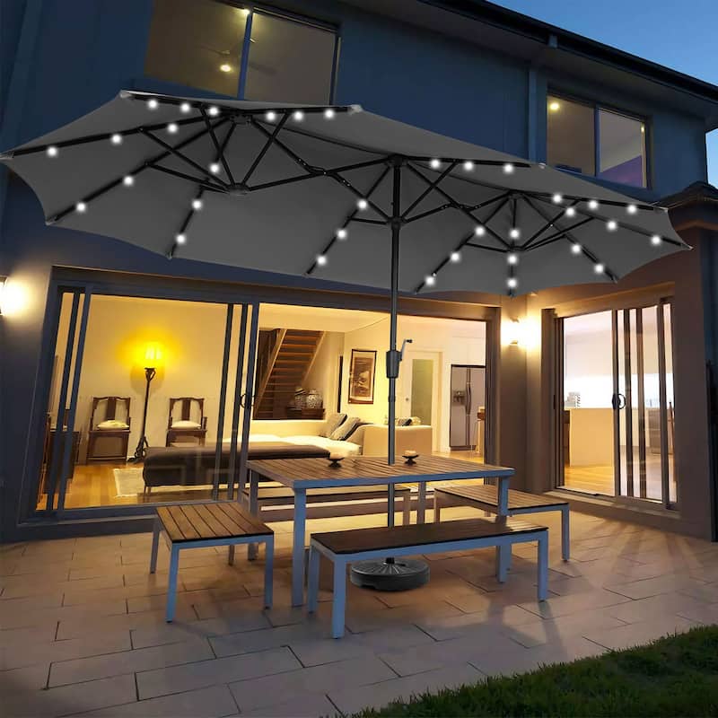 Ainfox 13ft Double-sided Patio Umbrella Solar LED Lighted Outdoor Martet Umbrella with Base - Grey-With Base