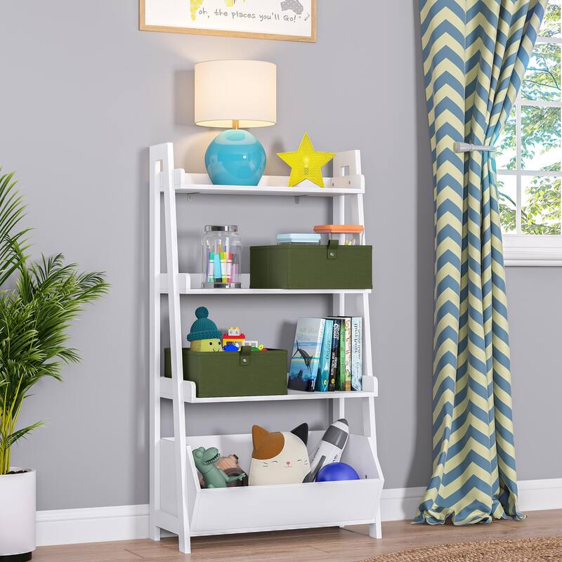 RiverRidge Kids 4-Tier 24in Ladder Shelf Toy Organizer with 3 Open Display Shelves- White with Two 5" Fabric Bins - Turquoise