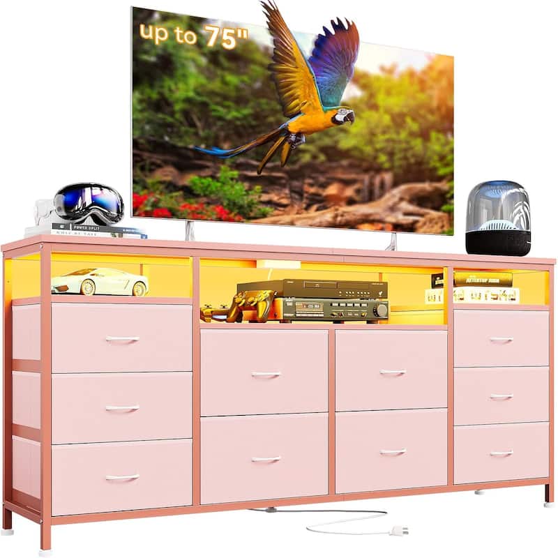 63.3 Inch Black Dresser for Bedroom, 10 Drawer Dresser TV Stand - Pink