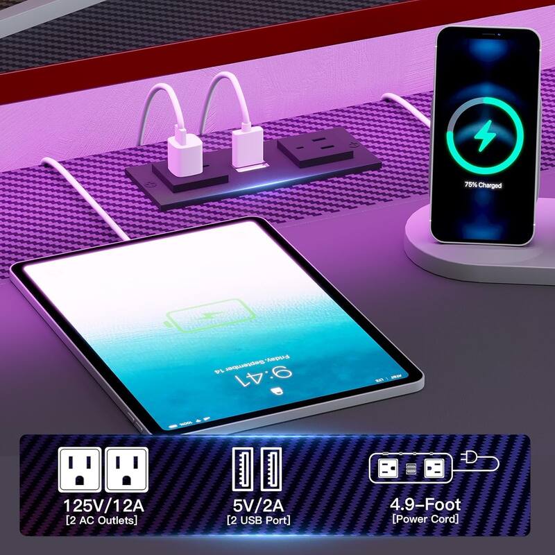 79" L Shape Gaming Desk Computer Desk 2 Fabric Drawers & LED Light