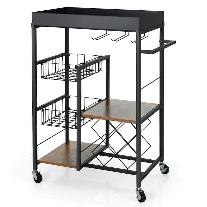 Gymax 4-Tier Kitchen Bar Cart Rolling Serving Trolley Wine Rack - See Details - Kitchen Cart - Rustic Brown + Black