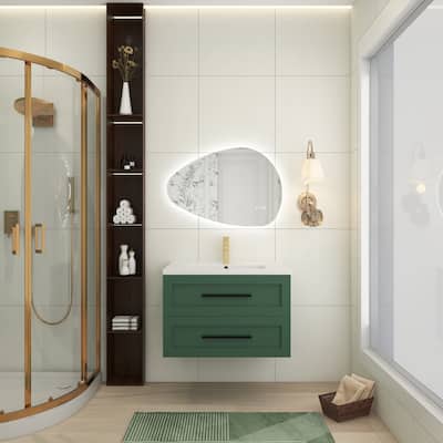 Particle Board Wall-Mounted Bathroom Vanity Set in Green with Integrated Ceramic Sink and 2 Drawers