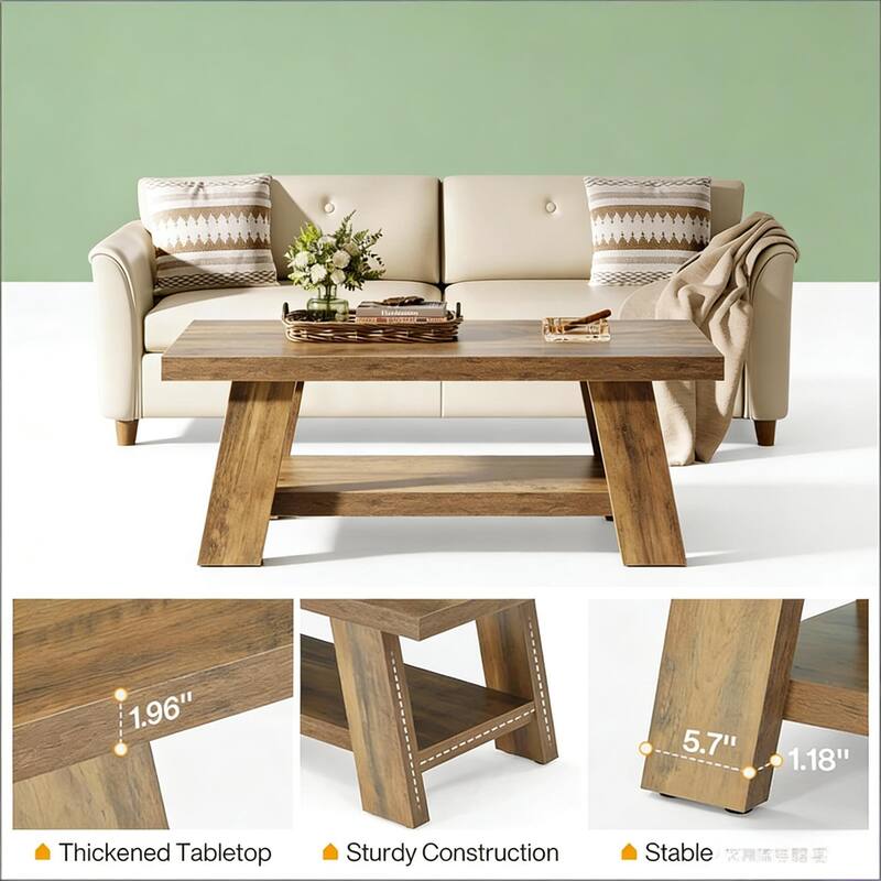 Rustic Tea Table, Spacious Coffee Table, 2-tier Center Table