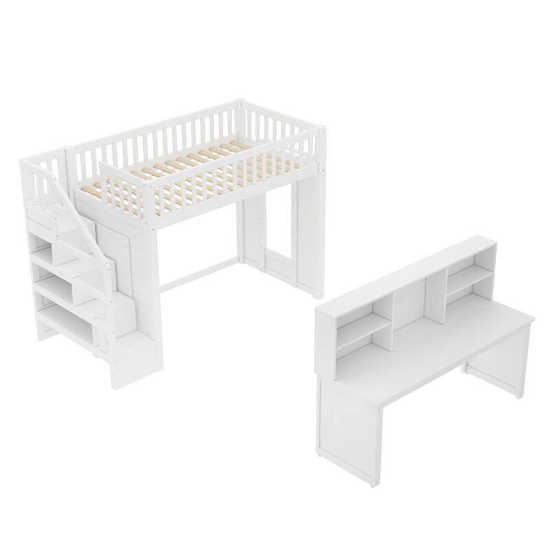 Twin Size loft bed with movable desk and storage shelf, featuring storage stairs