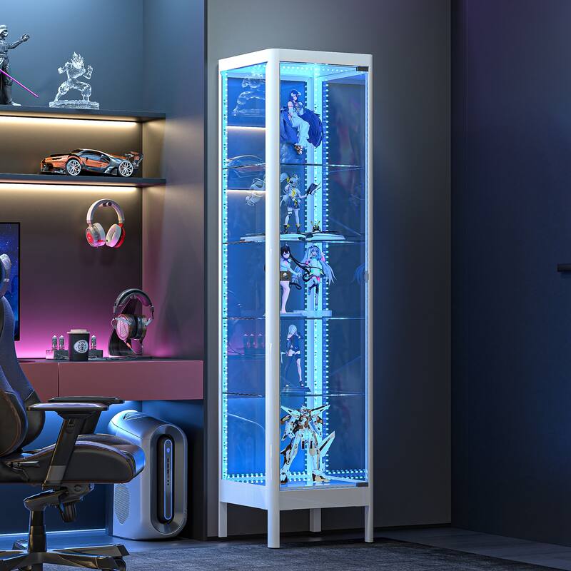 5-Tier Tempered Glass Curio Display Cabinet with Adjustable Shelves - 63"H x 15.4"W x 15.8"D