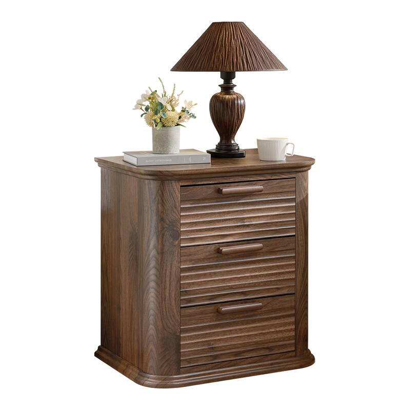 22" Wide Fluted Nightstand with Charging Station, Modern End Table, Wood 3 Drawer Dresser, Large Bedside Tables