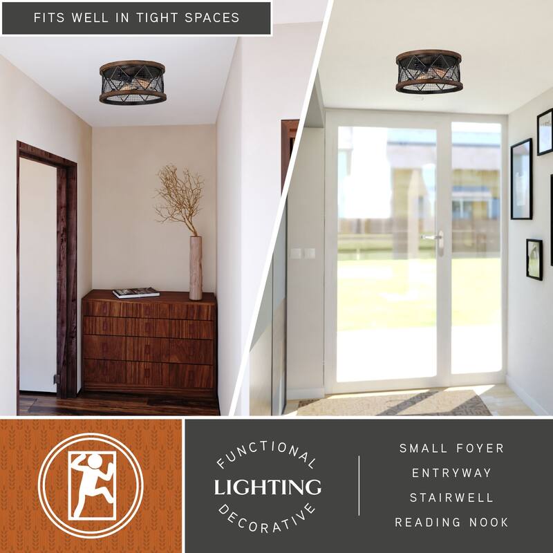 Bremerton 13-in W Bronze Wire Cage Industrial Flush Mount Ceiling Light - 13-in W x 6.25-in H x 13-in D