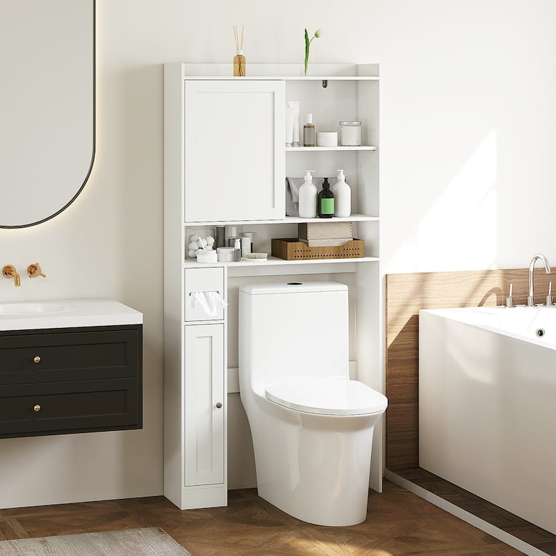 White MDF Over-the-Toilet Storage Cabinet with Sliding Door Adjustable Shelves and Toilet Paper Holder - 32.5" x 10" x 67.5"