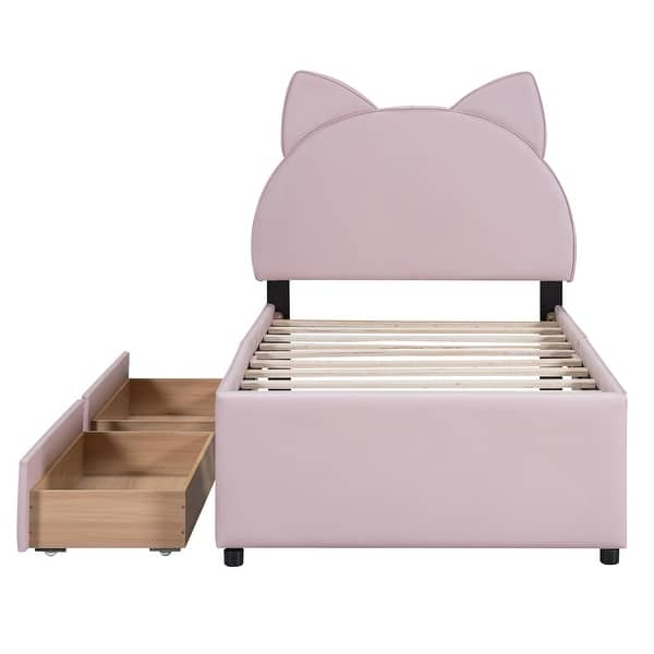 slide 2 of 11, Twin Upholstered Platform Bed with 2 Drawers, Cute Wood Bed Frame Cartoon Ears Shaped Headboard, No Box Spring Required Pink Pink - Twin