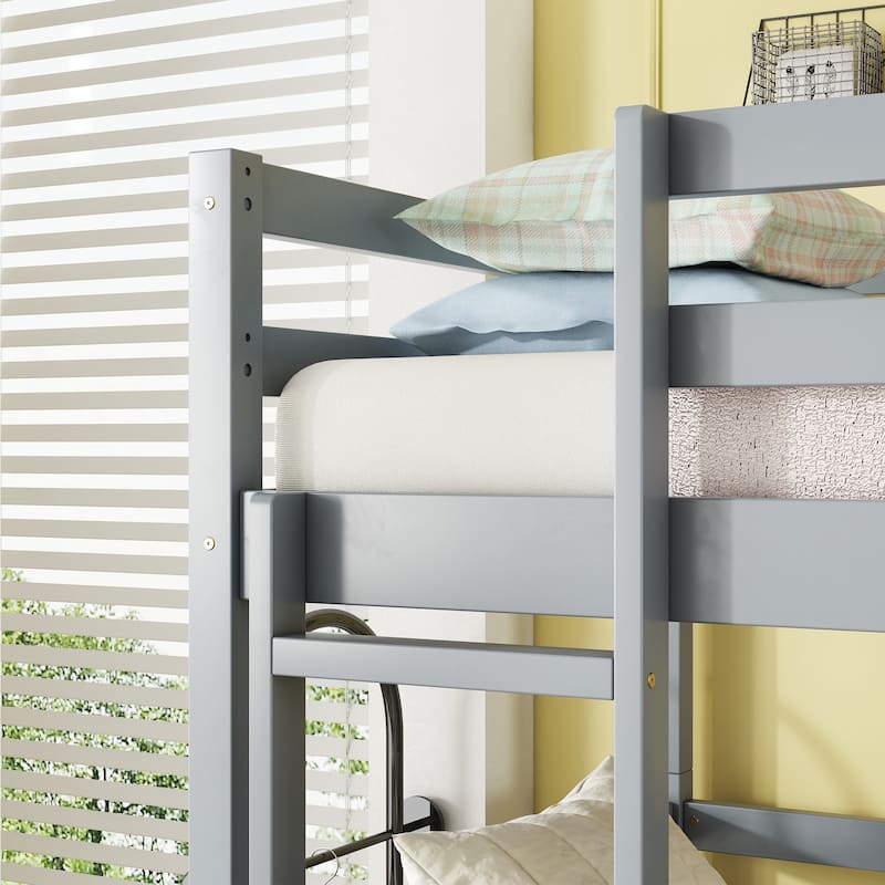 Triple Rubber Wood Bunk Bed with Two Built-in Ladders, Guardrails, Twin over Twin over Twin, Detachable Triple Twin Bunk Bed