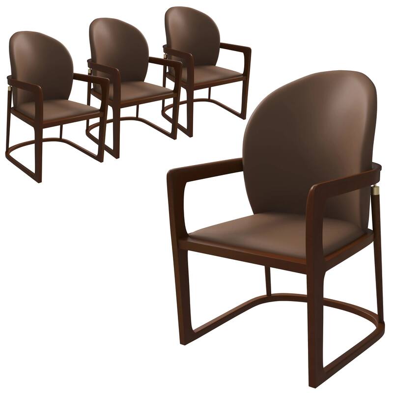 Svelta Leather Dining Chair with Rubberwood Legs Curved Back Accent Arm Chair for Kitchen and Dining Room Set of 4 - Brown