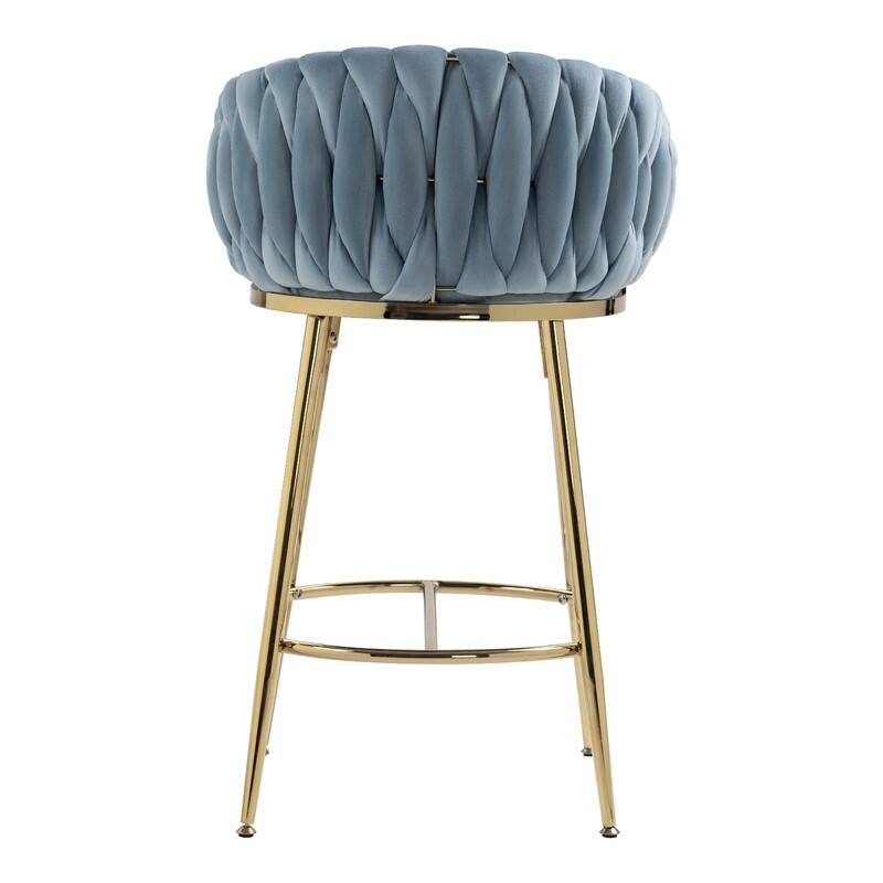 (Set of 1) 26" Velvet Counter Height Bar Stool with Wave Back, Golden Chrome Base and Footrest