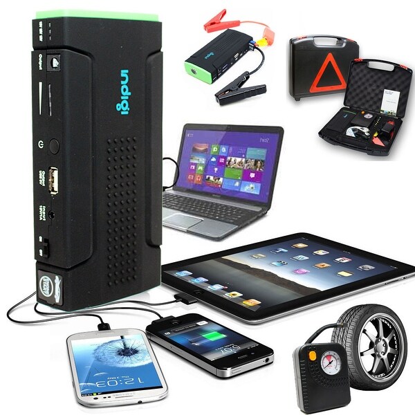 Indigi® 12800mAh HeavyDuty Rugged Portable Automotive Jump Starter PowerBank w/ Hard Carrying Case & Tire Inflator Included