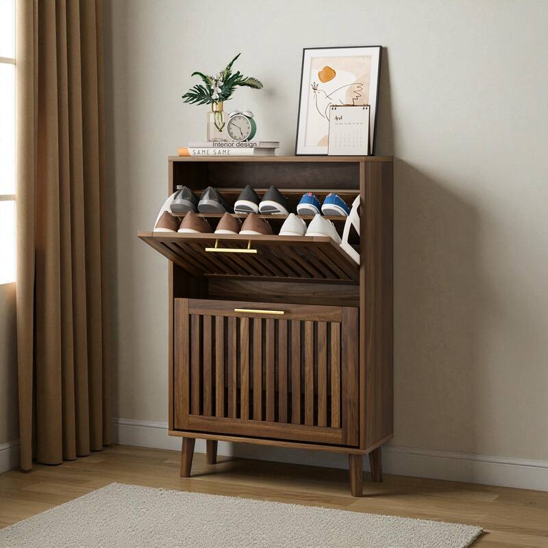 23.6" Walnut Shoe Cabinet with 2 Flip Drawers, Mid-Century Modern Freestanding Shoe Storage Organizer for Entryway