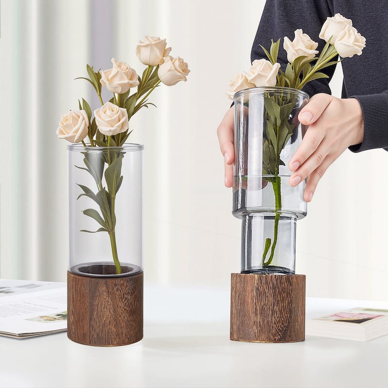 Wood and Glass Flower Vases for Centerpiece Table Home Indoor Desk Decor, Crystal Vase, Glass Vase Thickening Design Suitable - Brown