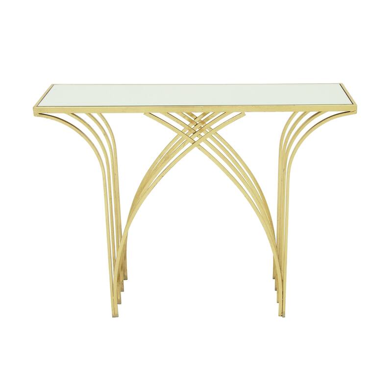 Gold Metal Geometric Console Table with Mirrored Glass Top