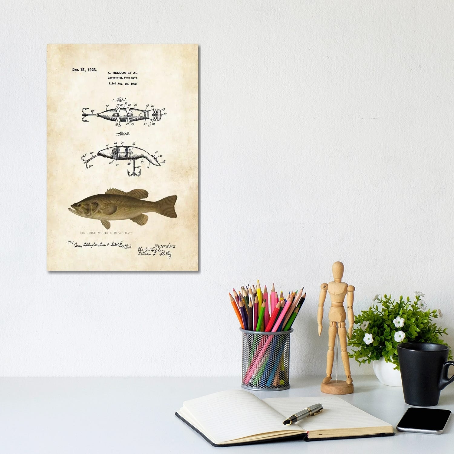 Vintage Heddon Fishing Lure Patent Art Print Largemouth Bass Fish