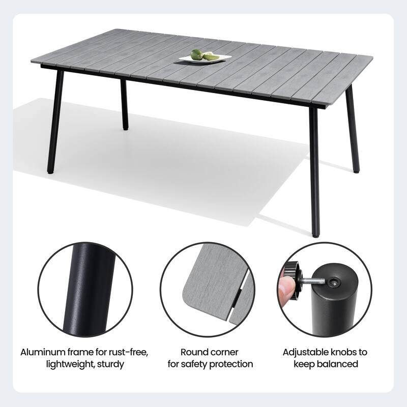 7-Piece Outdoor Dining Set Aluminum Rectangle Patio Dining Table with Umbrella Hole and Stackable Chairs