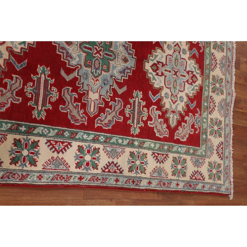 Red Geometric Kazak Rug Handmade Wool Carpet - 3'11" x 5'7"