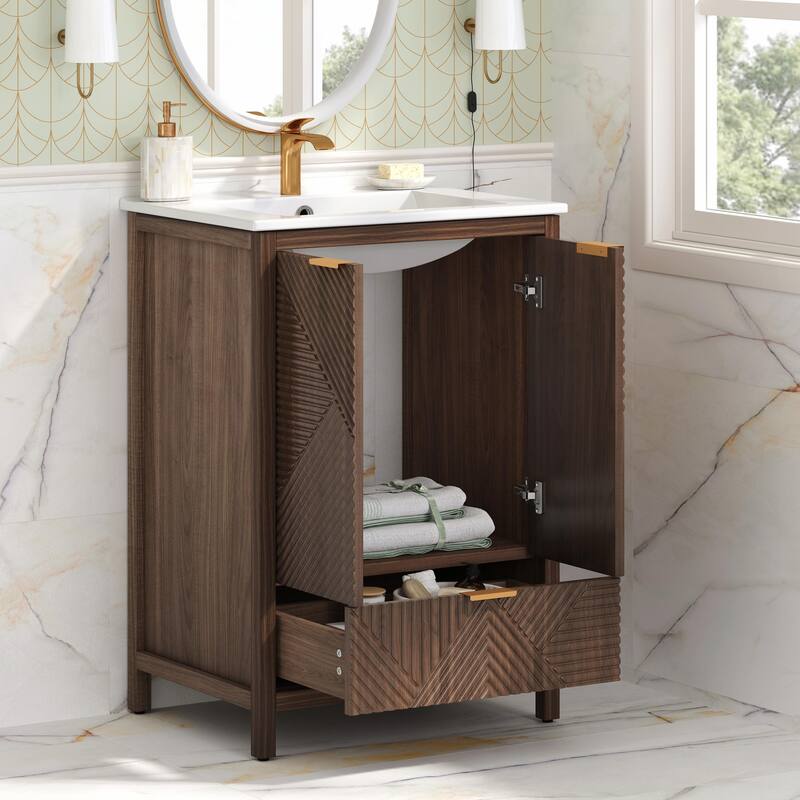 24-Inch Bathroom Vanity with Sink Combo, Modern Design, Single Faucet Hole - Brown