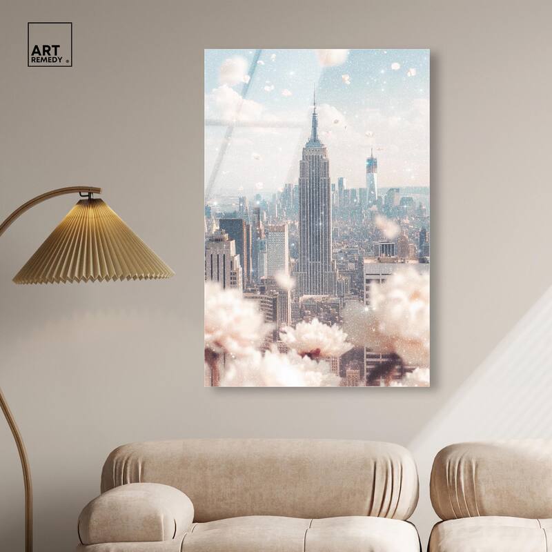 Peonies Over New York Acrylic by Art Remedy, Ready to Hang