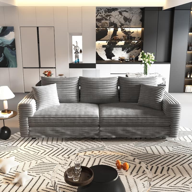 82.7 " Modern Plush Corduroy 3-Seat Sofa with Soft Pillows - Grey