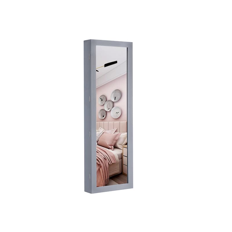 Grey Lockable Wall Door Mounted Jewelry Armoire with 6 LED Lights and Full-Length Mirror - 14.5"L x 3.9"W x 47.3"H