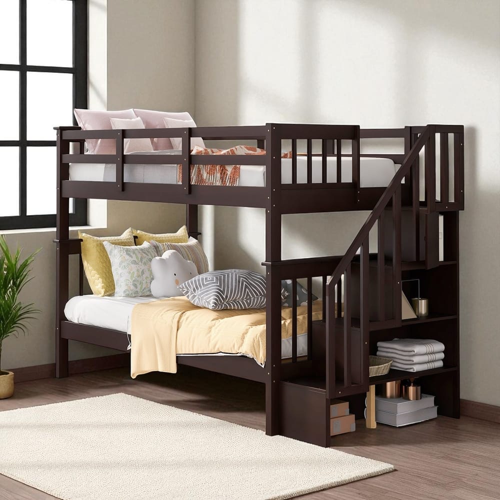 Stairway Twin Over Twin Bunk Bed with Storage Steps and Guard Rails, Convertible Design, Solid Wood Frame