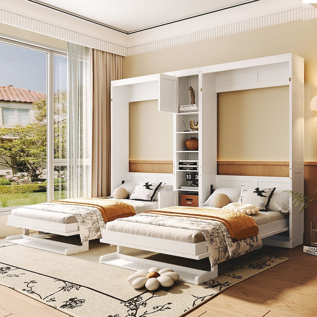 Dual Twin Wall Murphy Beds with Cabinets & Shelves, Space-Saving Bedroom Solution