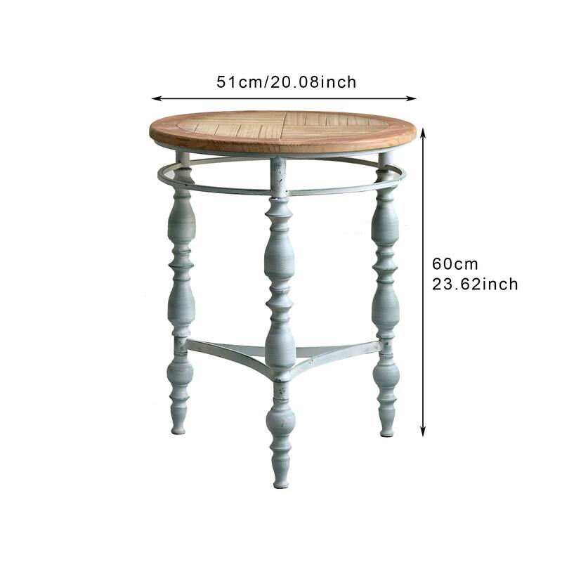 Easy Assembly 20.08" Accent Rustic Wooden Carved Coffee Table, Round Wooden Top Metal Leg Round End Table For Living Room