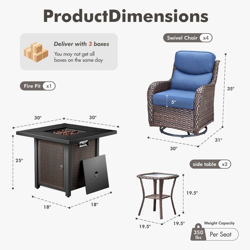 Meyreso 7-Piece Outdoor Patio Wicker Fire Pit 4 person Conversation Set with 5-Inch Thick Cushions