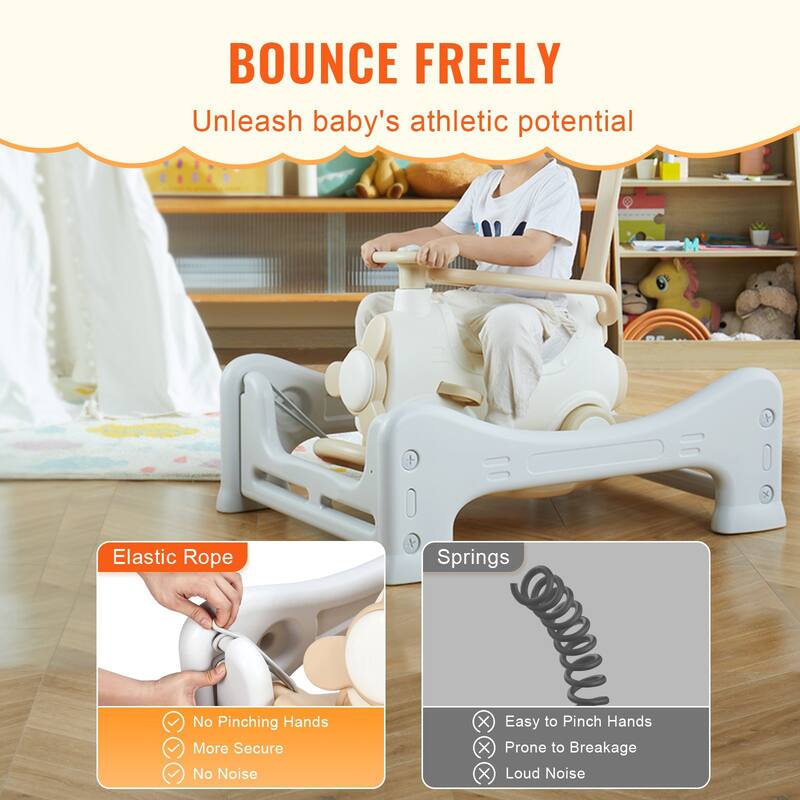 Beige HDPE 5 in 1 Rocking Horse Ride On Toy with Trampoline for Kids - 35.82” L x 27.16” W x 35.82” H