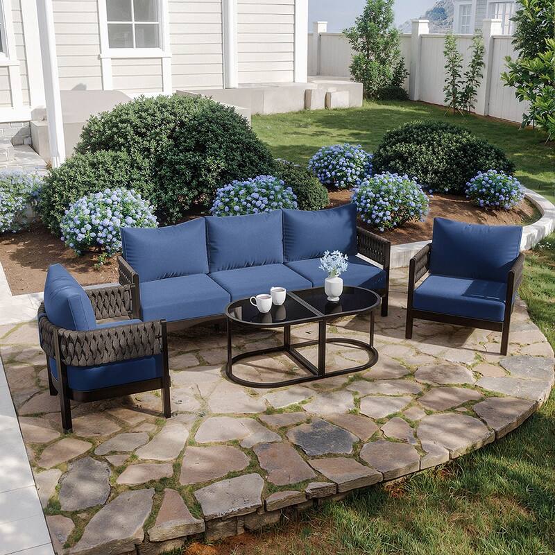 Kullavik 5-piece Aluminlum Frame Woven Rope Patio Sofa with Glass Table and Cushions