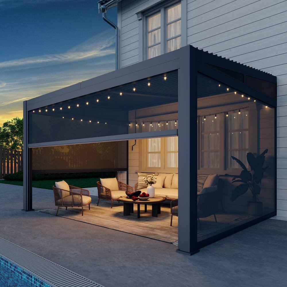 Erommy Wall-Mounted Pergola with Louvered Roof & Pull-Down Screen, Aluminum Awning for Patio or Deck
