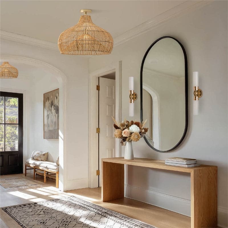 Oceania Rattan Flush Mount Rattan Natural Cone Handwoven Dimmable Ceiling Light for Bedroom or Hallway in Farmhouse, Boho Style