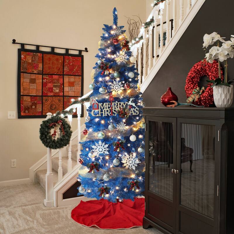VEIKOUS Pre-Lit Artificial Christmas Tree Pencil Snow with Foldable Iron Stand with LED lights, 5.5/6.5/7.5 ft - 6.5 Foot - Blue