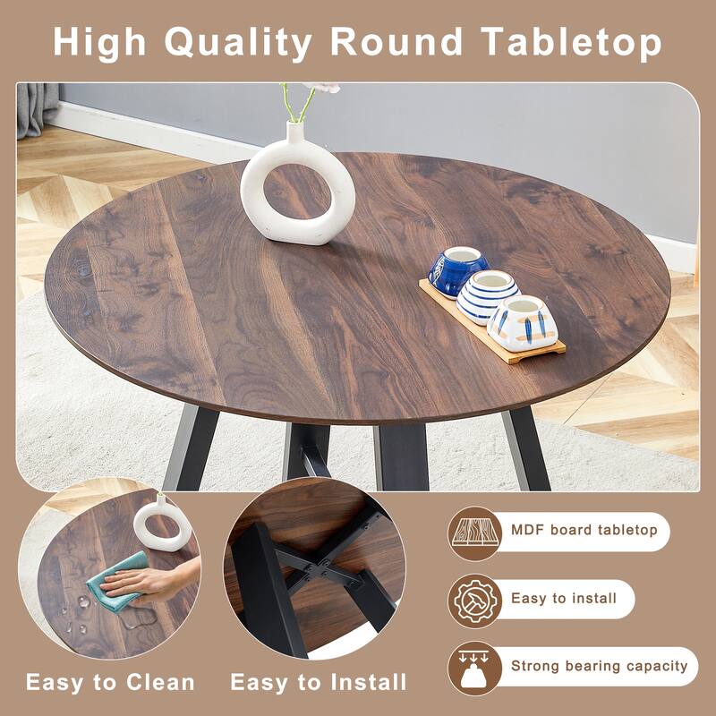 5-Piece Dining Table Set, Round Kitchen Table Set with Black Metal Legs and 4 Linen Fabric Chairs for Dining Room