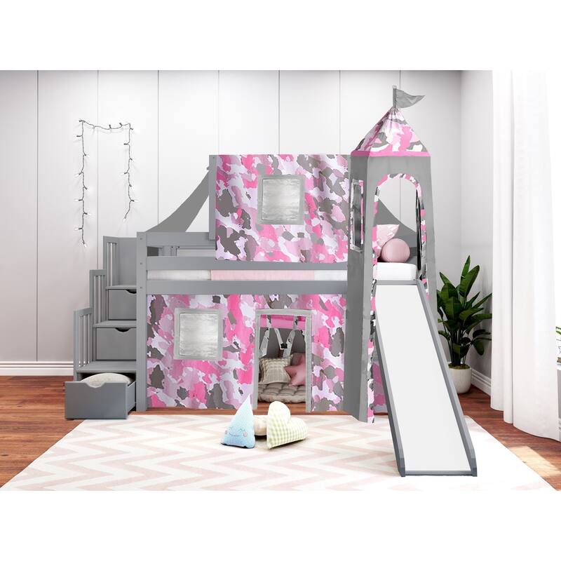 JACKPOT Prince & Princess Low Loft Twin Bed, Stairs Slide Tent & Tower