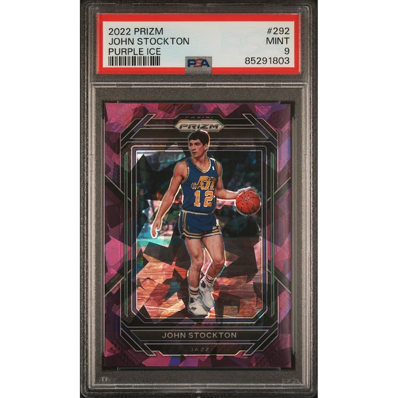 John Stockton 2022 Panini Prizm Purple Ice Basketball Card #292 PSA 9 65/149 - 8'6" x 11'6"