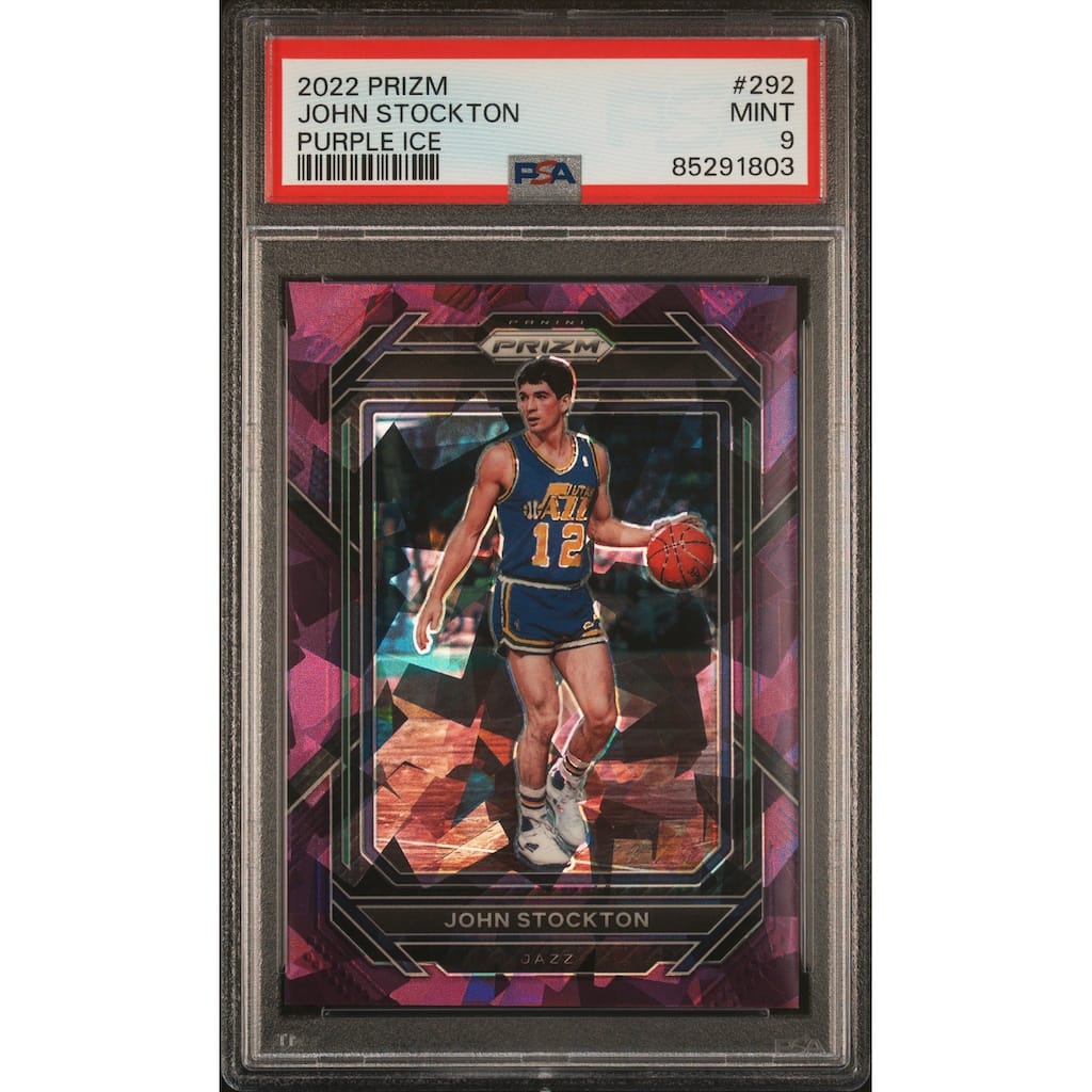 John Stockton 2022 Panini Prizm Purple Ice Basketball Card #292 PSA 9 65/149 - 8'6" x 11'6"