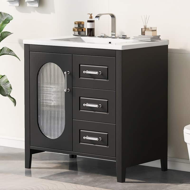 30" Bathroom Vanity with Sink, Bathroom Vanity Cabinet with 2 Drawers and Door, Adjustable Shelf - Black
