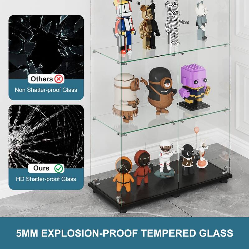 Glass Display Cabinet with 4-Shelf Double Doors and Lock, Curio Cabinet 5mm Tempered Glass Floor Standing Bookshelf