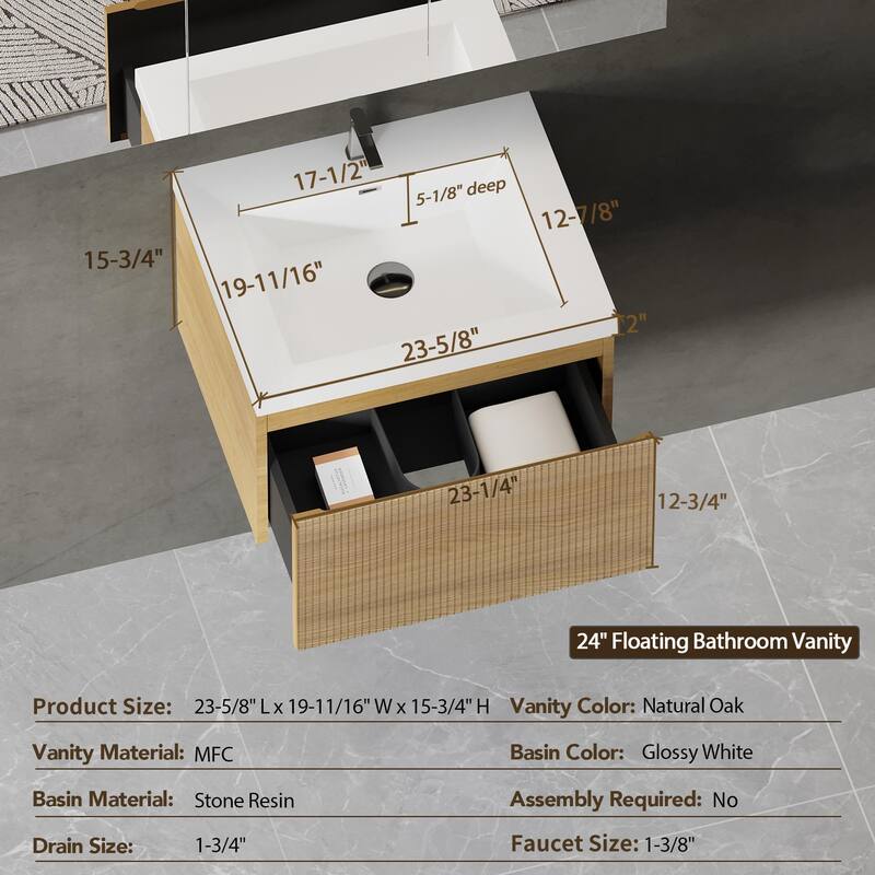 GDFStudio - Camden 24-Inch Floating Bathroom Vanity with Solid Surface Basin and Fluted Storage Drawer