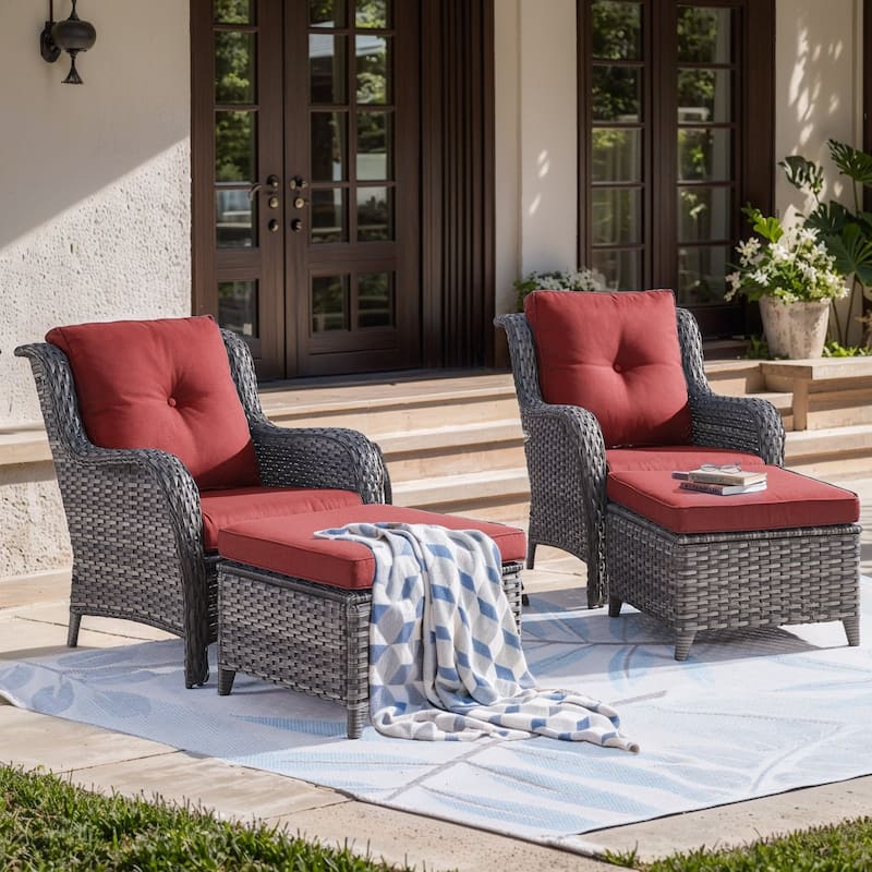 Outdoor Arm Chair with Cushion Rattan Chair - Grey Rattan - Red Cushion - 4PCS - Patio Chair w/ Ottoman