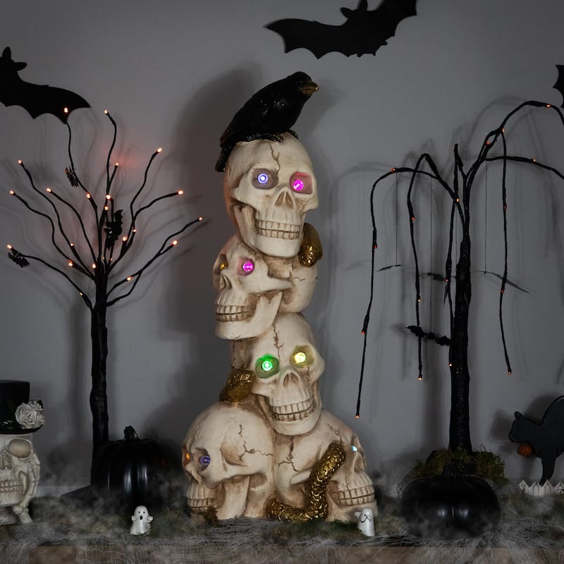 LED Lighted Skull Tower with Raven and Snake Halloween Decoration - 27.5" - Multicolor