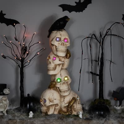 LED Lighted Skull Tower with Raven and Snake Halloween Decoration - 27.5" - Multicolor