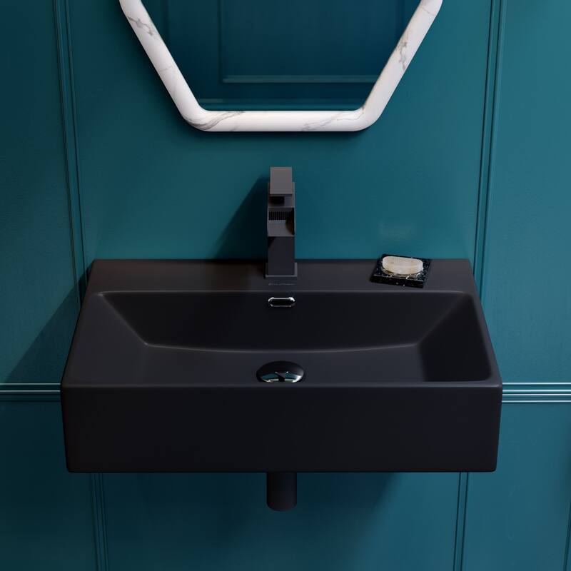 Reims 24" Rectangle Wall-Mount Bathroom Sink In Matte Black - 23.65" x 16.75" 5.65"